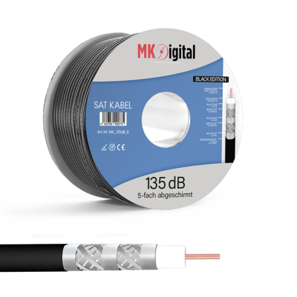 135dB Stahl Kupfer 7mm SAT Koaxial Antennenkabel 5-fach 4K 8K UHD, 100m,Schwarz